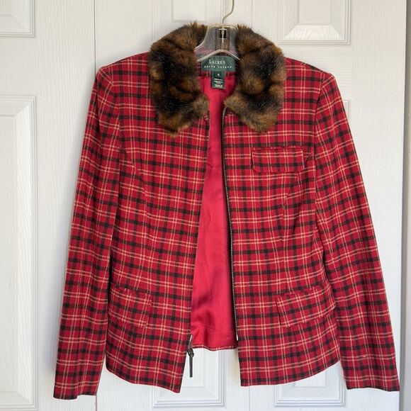 Lauren Ralph Lauren Wool Plaid Fur Collar Full Zip Front Blazer Red Size 4 - Picture 1 of 16